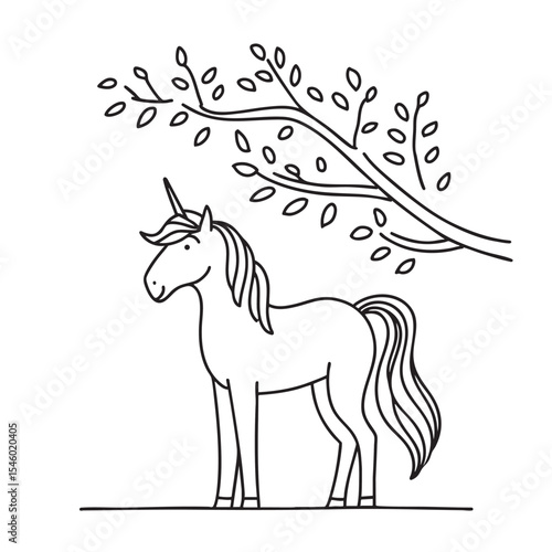 A unicorn quietly standing below a tree with low limbs