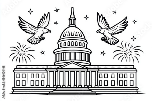 Patriotic Celebration: Iconic US Capitol with Fireworks and Eagles Line Art for Independence Day Coloring Book, July 4th Festivity