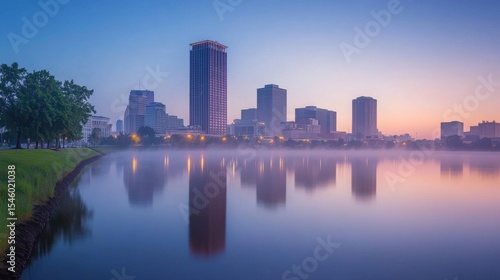 Tranquil Cityscape at Dawn with Reflections on Calm Water Surface