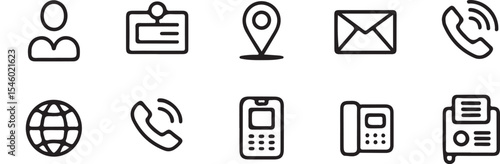 Contact Information Icons Representing Various Communication Methods and Identification Badges in a Clean Line Art Style