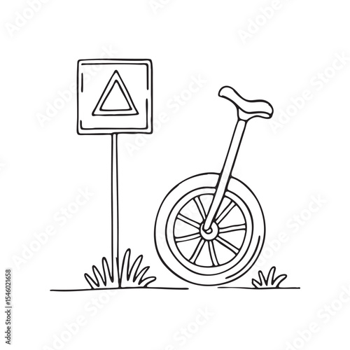 A unicycle leaning next to a fallen street sign