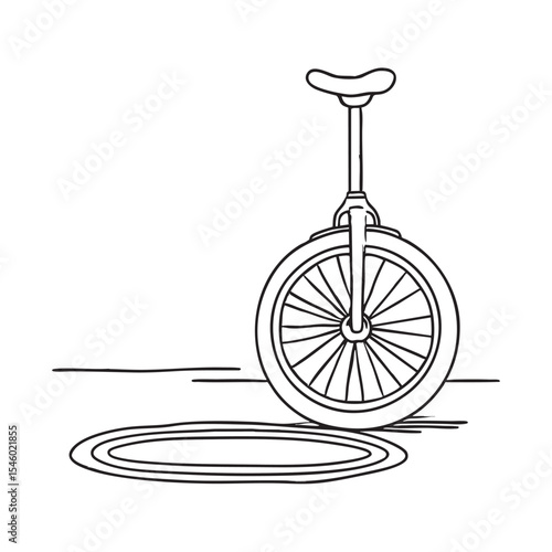 A unicycle near a handdrawn circle made with chalk on the ground