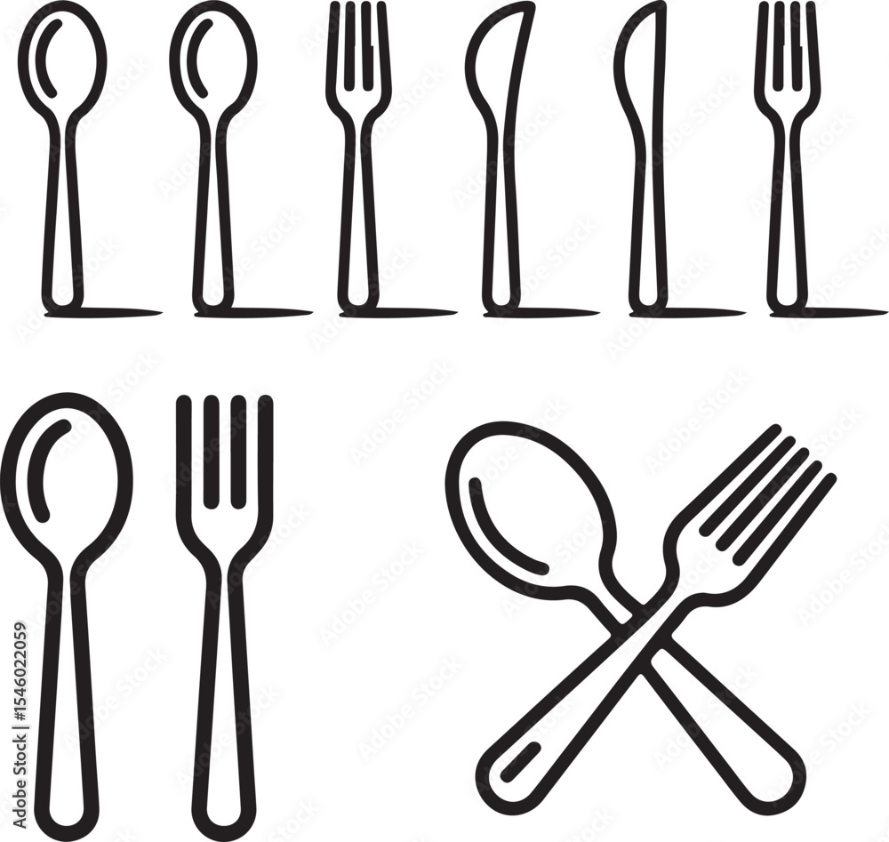 Elegant Vector Illustration of Cutlery Set featuring Spoons, Forks and Knives in a Minimalist Black and White Style Elegant Vector Illustration of Cutlery Set featuring Spoons, Forks and Knives in a Minimalist Black and White Style
