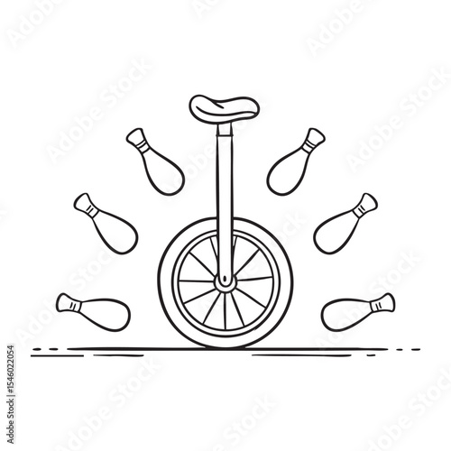 A unicycle placed close to juggling clubs left on the floor
