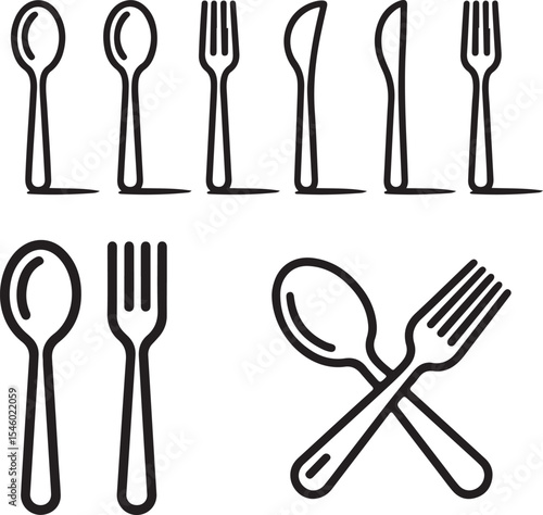 Elegant Vector Illustration of Cutlery Set featuring Spoons, Forks and Knives in a Minimalist Black and White Style