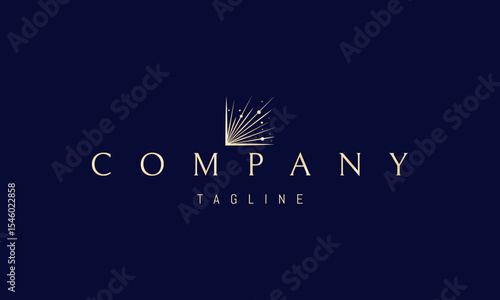 Vector golden logo with an abstract image of an explosion of light with particles.