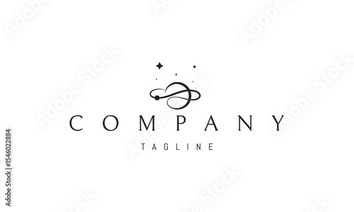 Vector logo with an abstract image of a planet with a single line orbit.
