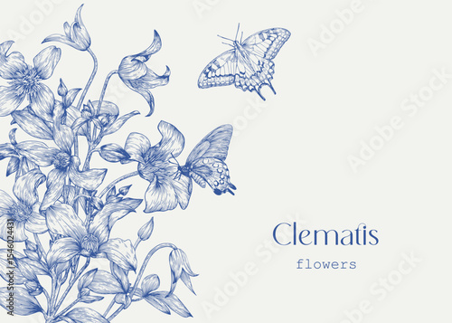Toile art Vector vintage template Clematis flowers bouquet and butterflies, blue beige. Hand drawn elements. Engraved illustration. Background for design greeting card, wedding decor, invitation, gift