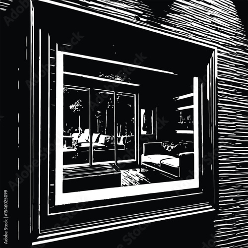 A striking black and white vector illustration captures an old house with a solitary window and door, its architecture and design prominent against the night