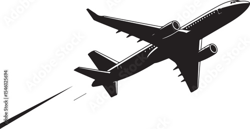 Vector Silhouette of an Airplane Taking Off, Ascending into the Sky with a Jet Stream Trailing Behind it, Black and White