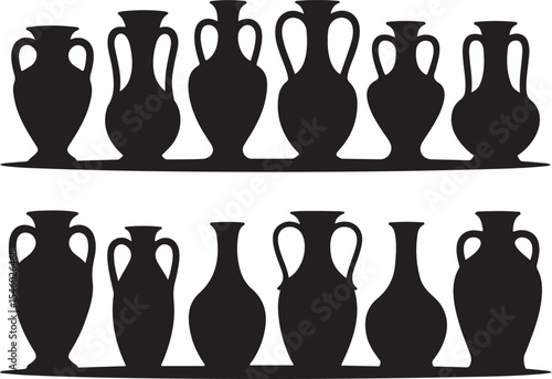 Collection of Antique Pottery Silhouettes Displaying a Variety of Vase and Amphora Shapes, Perfect for Historical or Artistic Designs