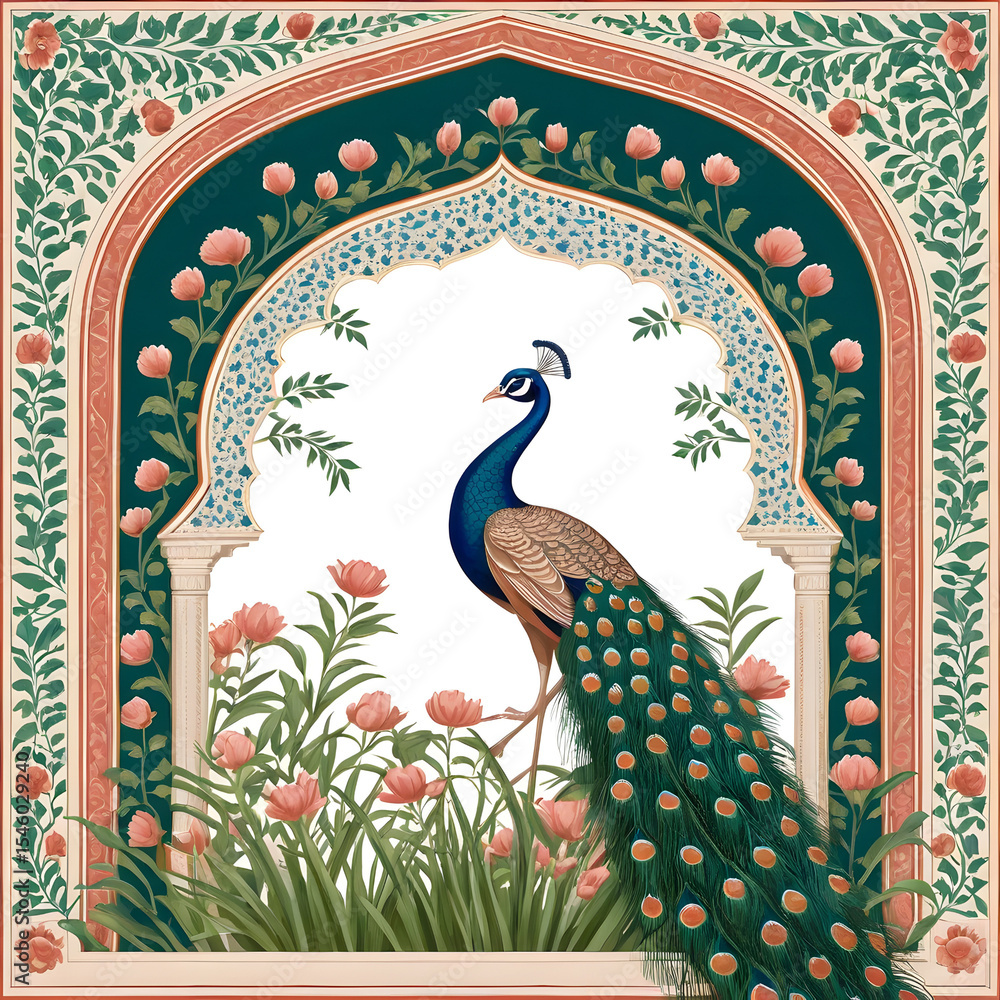 Elegant peacock in ornate archway with floral design Elegant peacock in ornate archway with floral design