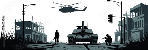 Silhouette of Military Operation, Urban Warfare, Tank and Helicopter, Tactical Deployment, Conflict Zone