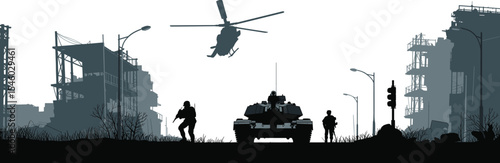 Silhouette of Urban Warfare Scene, Military Operation, Tank and Helicopter, Combat Zone, Tactical Deployment