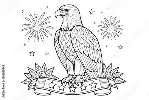 Majestic Bald Eagle on Star-Spangled Shield - Intricate Patriotic Drawing for Independence Day Celebration in Coloring Book Style