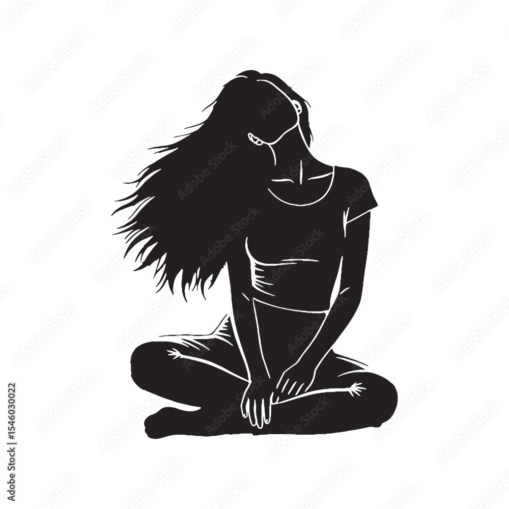 Fototapeta premium Still lady sitting perfectly motionless, a moment frozen in time - lady sitting silhouette - lady sitting Vector - Silhouette of lady sitting 