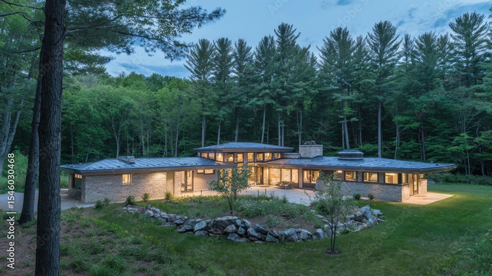 Modern-style forest home with flat roof, stone and glass construction, warm interior lighting, lush evergreen backdrop, manicured lawn, natural stone wall, young trees, shrubs, Modern-style forest home with flat roof, stone and glass construction, warm interior lighting, lush evergreen backdrop, manicured lawn, natural stone wall, young trees, shrubs,