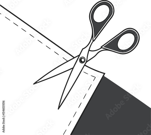 A sharp metal tool, this pair of open steel scissors is poised to cut a black ribbon