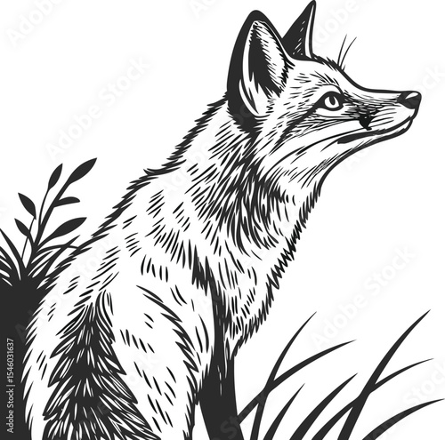 A hand-drawn vector illustration of a cute, wild fox head with shaggy fur on a white background