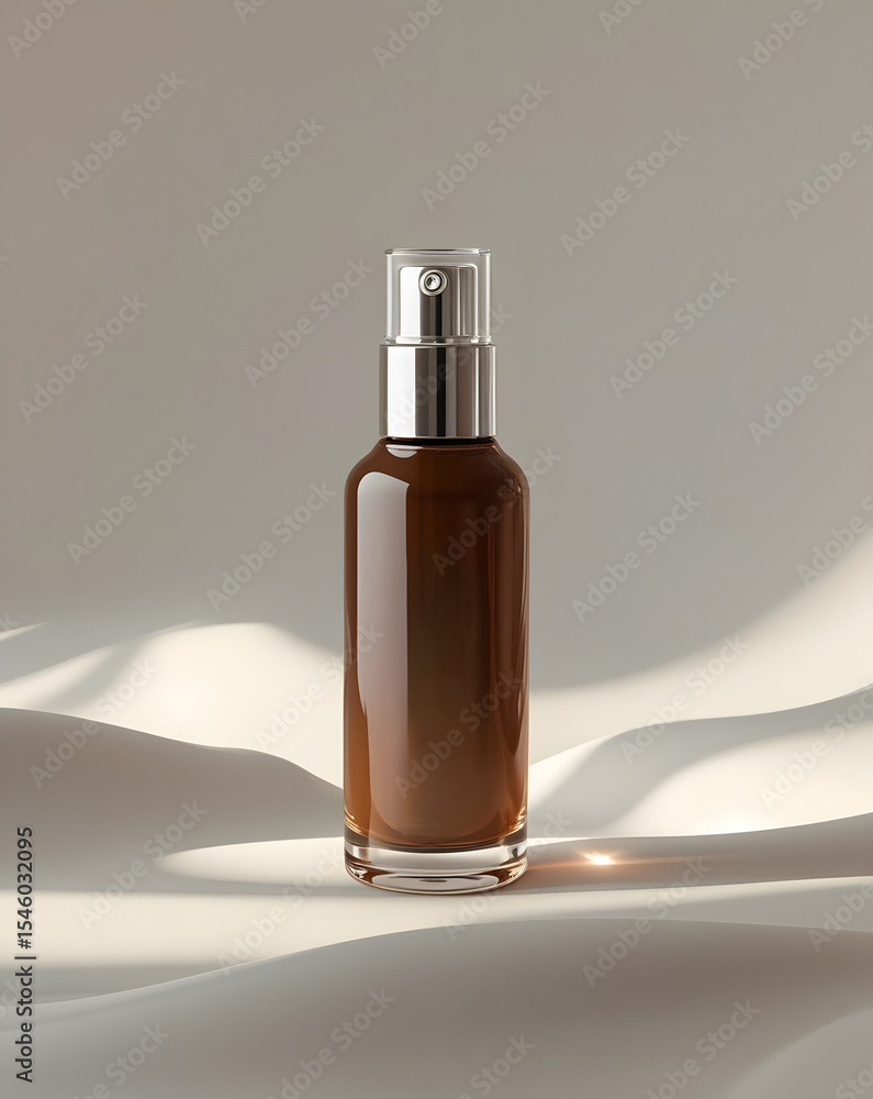 Naklejka premium High-end hair serum packaging in a clear glass bottle with silver screw cap. Rich brown serum and smooth curves emphasized by soft shadows on neutral background. Sophisticated and unbranded.