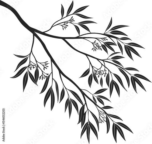 Black silhouette illustration of a bamboo branch with leaves, a natural Asian floral design