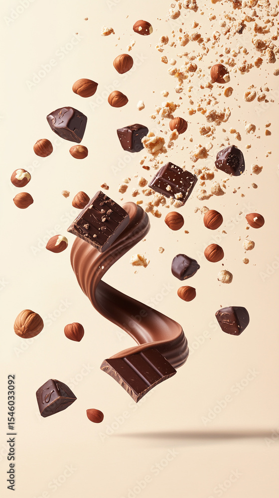 Fototapeta premium Artistic abstract swirl of chocolate and hazelnuts flying across frame in perfect harmony, isolated on light beige
