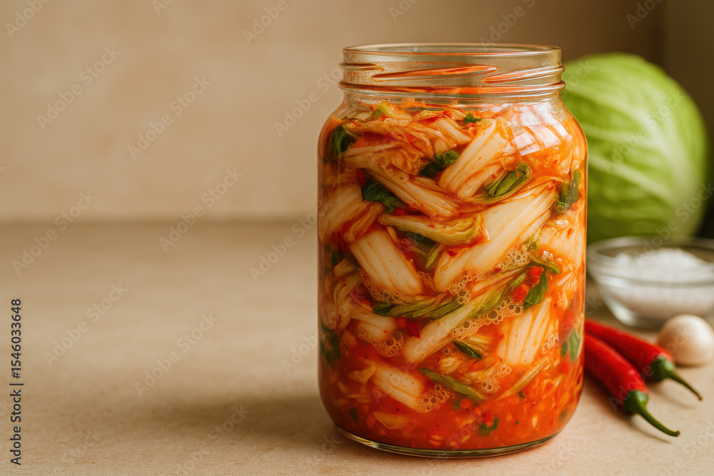 Kimchi Jar: a vibrant still life capturing the essence of Korean cuisine, with a jar of delicious, fermented kimchi and various fresh ingredients around. Kimchi Jar: a vibrant still life capturing the essence of Korean cuisine, with a jar of delicious, fermented kimchi and various fresh ingredients around.