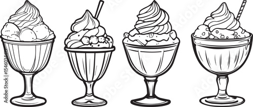 Ice Cream Sundae Line Icon in Black and White Style. Minimal Sundae Dessert Outline Vector Illustration. 