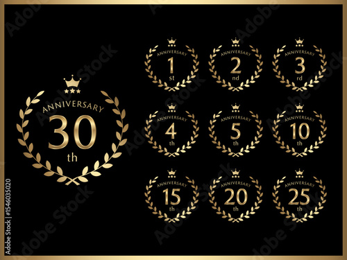 周年数字と記念日お祝い用の月桂冠デザインのゴールドバナーセット