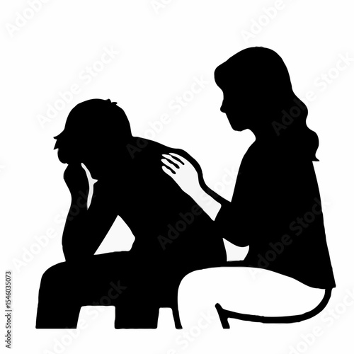 Woman comforting man sitting with head in hands in silhouette  