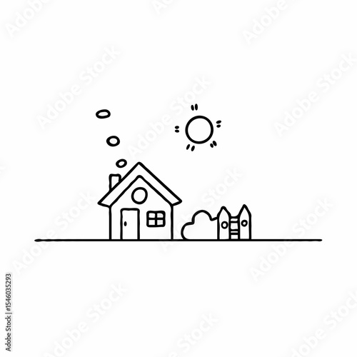 Simple line art of a house with sun and garden elements  