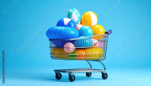 Shopping cart overflowing with colorful beach balls and inflatable pool toys on blue background