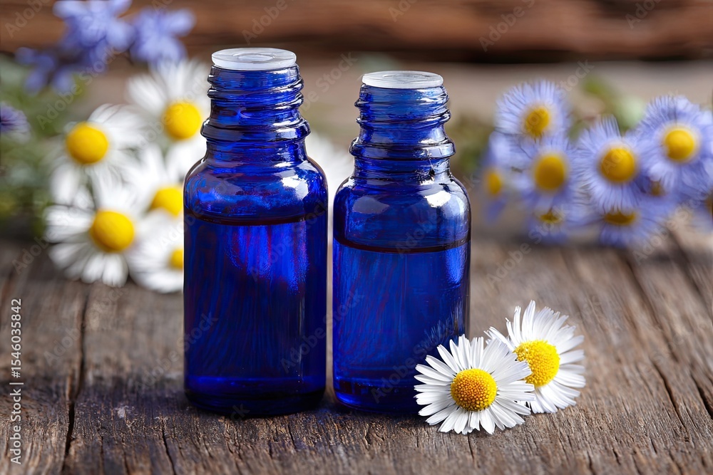 Two cobalt blue glass bottles of essential oil rest on a rustic wooden surface, surrounded by chamomile and aster flowers Two cobalt blue glass bottles of essential oil rest on a rustic wooden surface, surrounded by chamomile and aster flowers