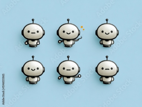 Charming and expressive robot characters with playful designs showcasing different emotions on a soft blue background emphasizing imaginative technology concepts and character creativity