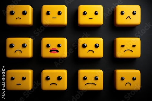 Collection of yellow emotion blocks expressing various feelings arranged in a creative grid on a dark background showcasing the contrast between vibrant colors and emotional expressions