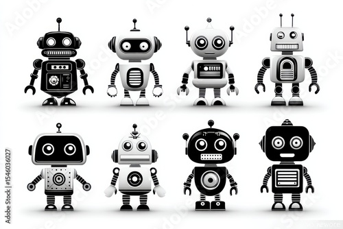 Creative collection of adorable retro robots with unique designs showcasing bright eyes and playful expressions set against a clean white background emphasizing fun and imagination