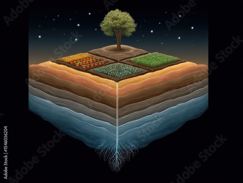 Illustrative depiction of layered soil showcasing sustainable farming practices with a thriving tree, colorful crops, healthy soil, and an underground water table representing ecological balance