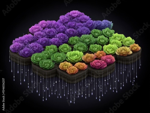 Colorful succulent garden with vibrant hues arranged in geometric patterns showcasing unique textures and pastel shades illuminated against a black backdrop captured with clarity