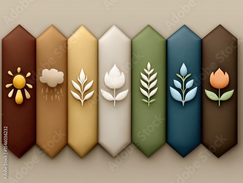 Colorful botanical elements arranged in a row express various weather conditions including sun rain foliage and flowering plants creating a harmonious and vibrant natural design aesthetic