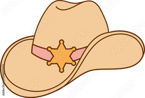 Cowboy sheriff hat with badge in cartoon style
