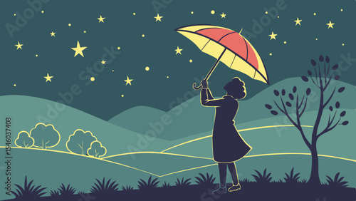 Silhouette of a woman holding an umbrella under a starry night sky with rolling hills and trees around her