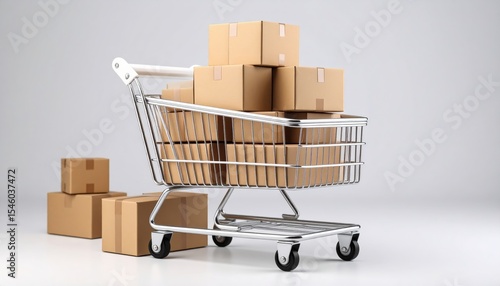 Shopping cart overflowing with stacked cardboard boxes against a neutral backdrop