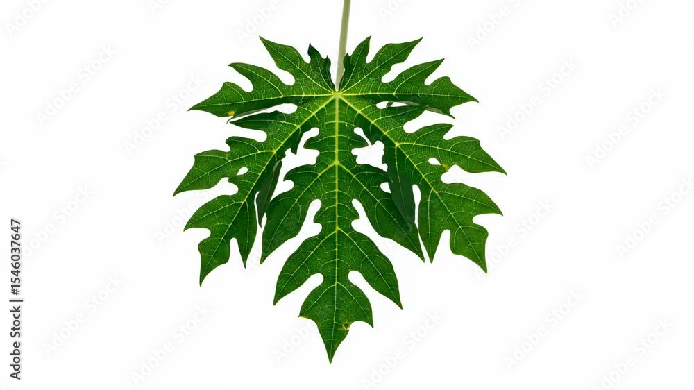 A vibrant green papaya leaf deeply lobed and veined isolated against a white background A vibrant green papaya leaf deeply lobed and veined isolated against a white background