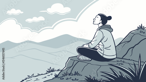 Person meditating on a mountain top with mountains and clouds in the background in grayscale drawing