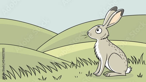 A cartoon hare sits in a grassy field with rolling green hills under a light blue sky in the background