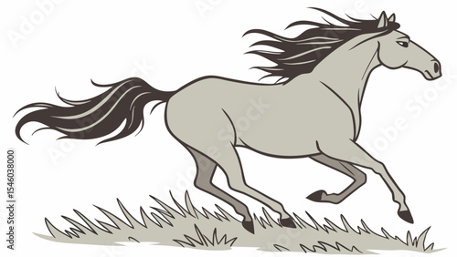 Illustration of a galloping gray horse with a dark mane and tail running through tall grass in a field scene
