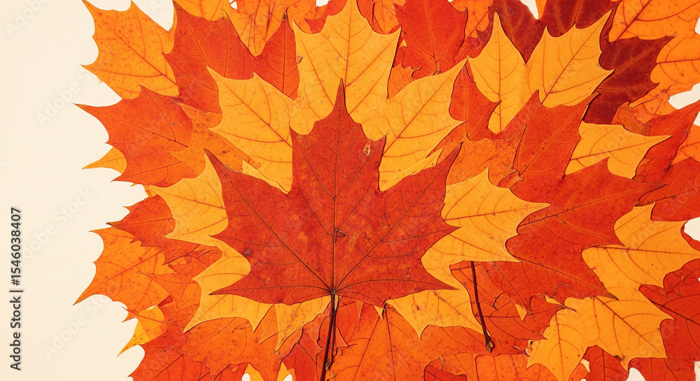 Fototapeta premium Scattered maple leaves in red orange and yellow on white background