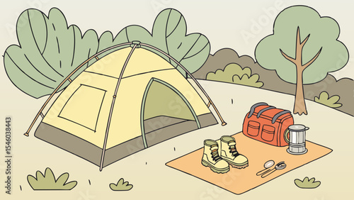 Illustration of camping scene featuring a tent, backpack, boots, and cooking equipment outdoors in nature