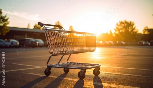 Shopping Cart Silhouetted Against a Golden Sunset in a Parking Lot