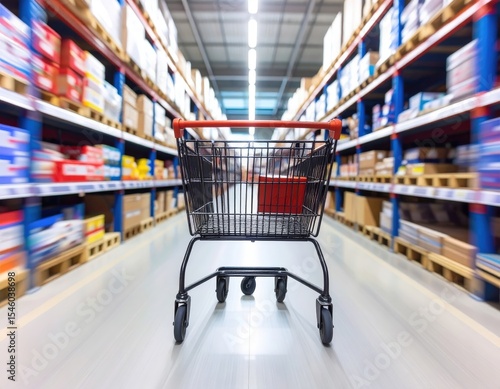 Wallpaper Mural Shopping cart speeding through a warehouse aisle with blurred shelves Torontodigital.ca